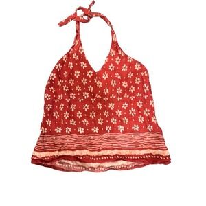 Old Navy Linen Halter Top Womens Large Red Floral Tie Neck Sleeveless Blouse Y2K